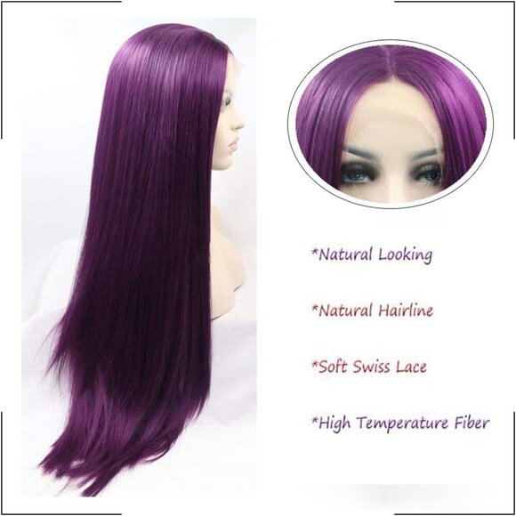 Women Wig Long Silky Straight Bright Purple Free Part Wig for  daily use trendy - Picture 4 of 7